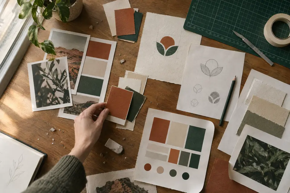 Brand exploration on a designer's table: color swatches, type specimens and logo sketches