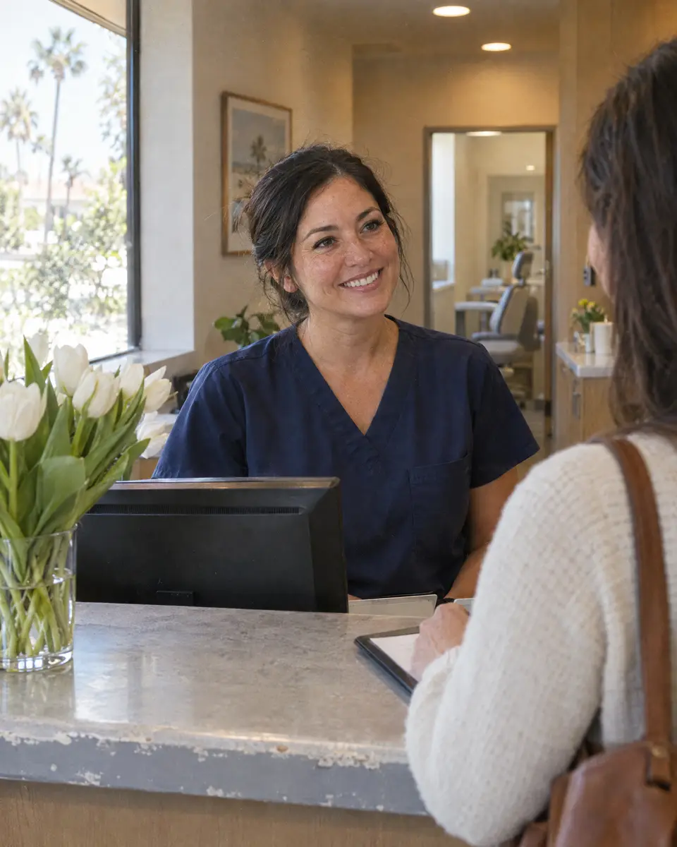 A smiling dental receptionist welcoming a patient at a bright front desk