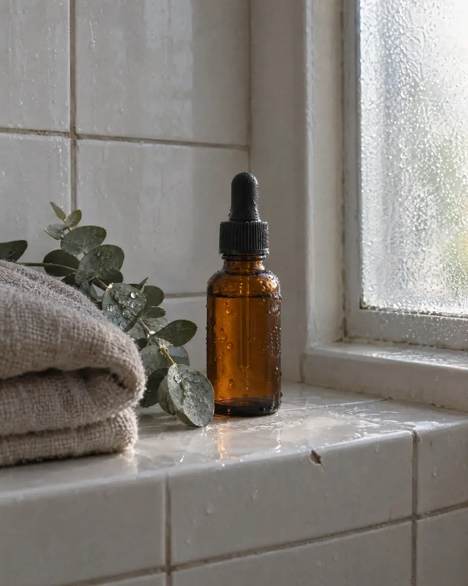 An amber skincare bottle with a dropper on a sunlit bathroom shelf
