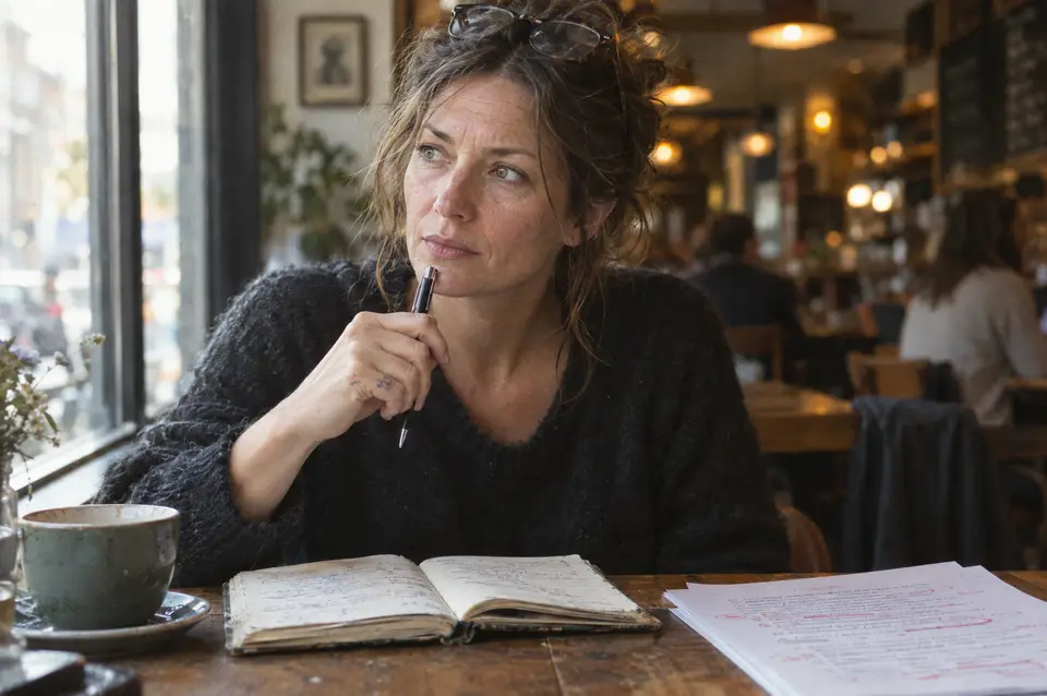 A copywriter pausing mid-thought over her notebook in a café