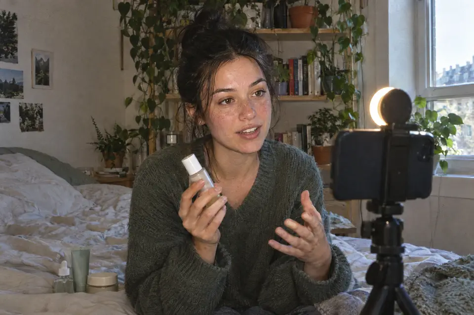 A creator recording a product review on her phone in a bright bedroom