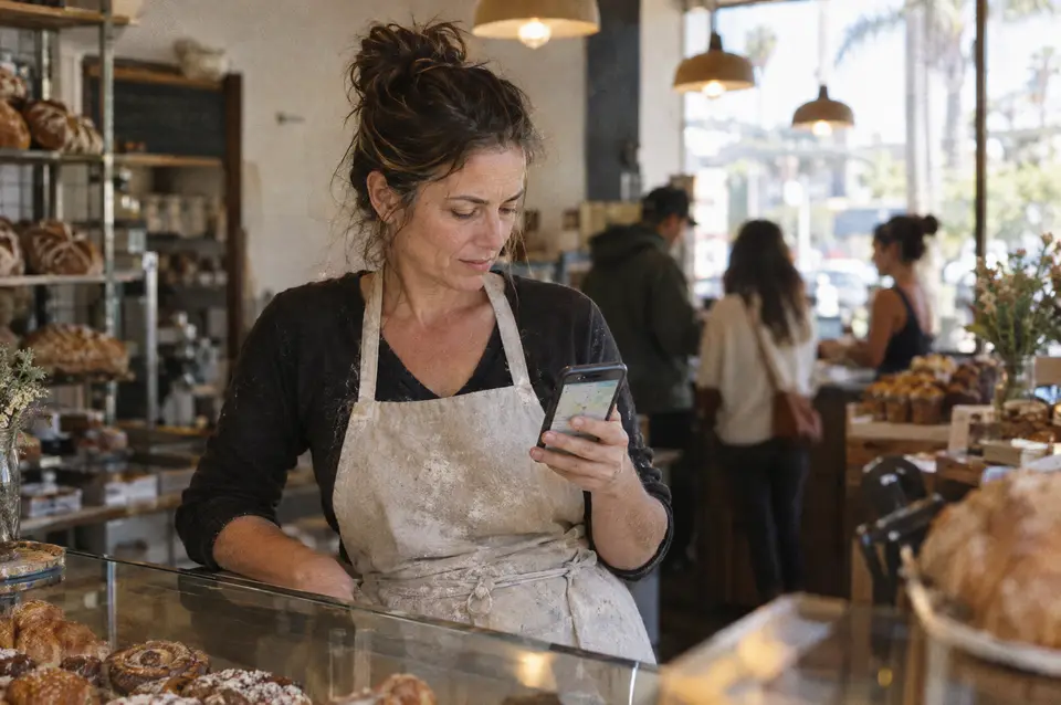 A bakery owner checking a map on her phone behind the pastry counter