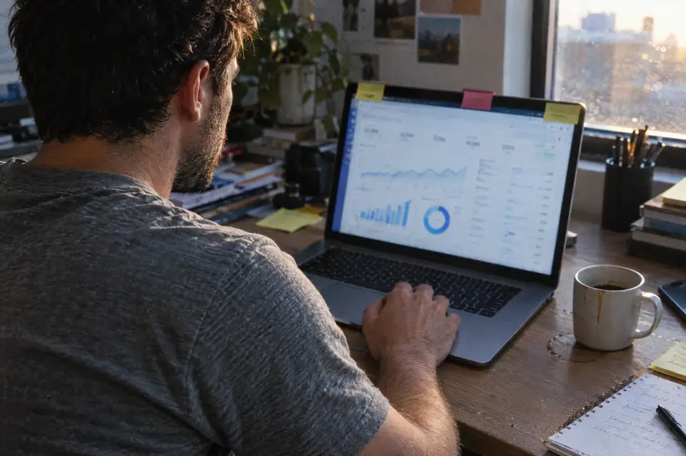 A marketer reviewing ad performance charts on a laptop at a sunlit desk