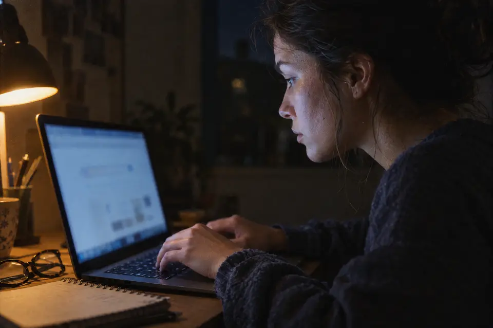 A person typing a search into a laptop by the light of a desk lamp