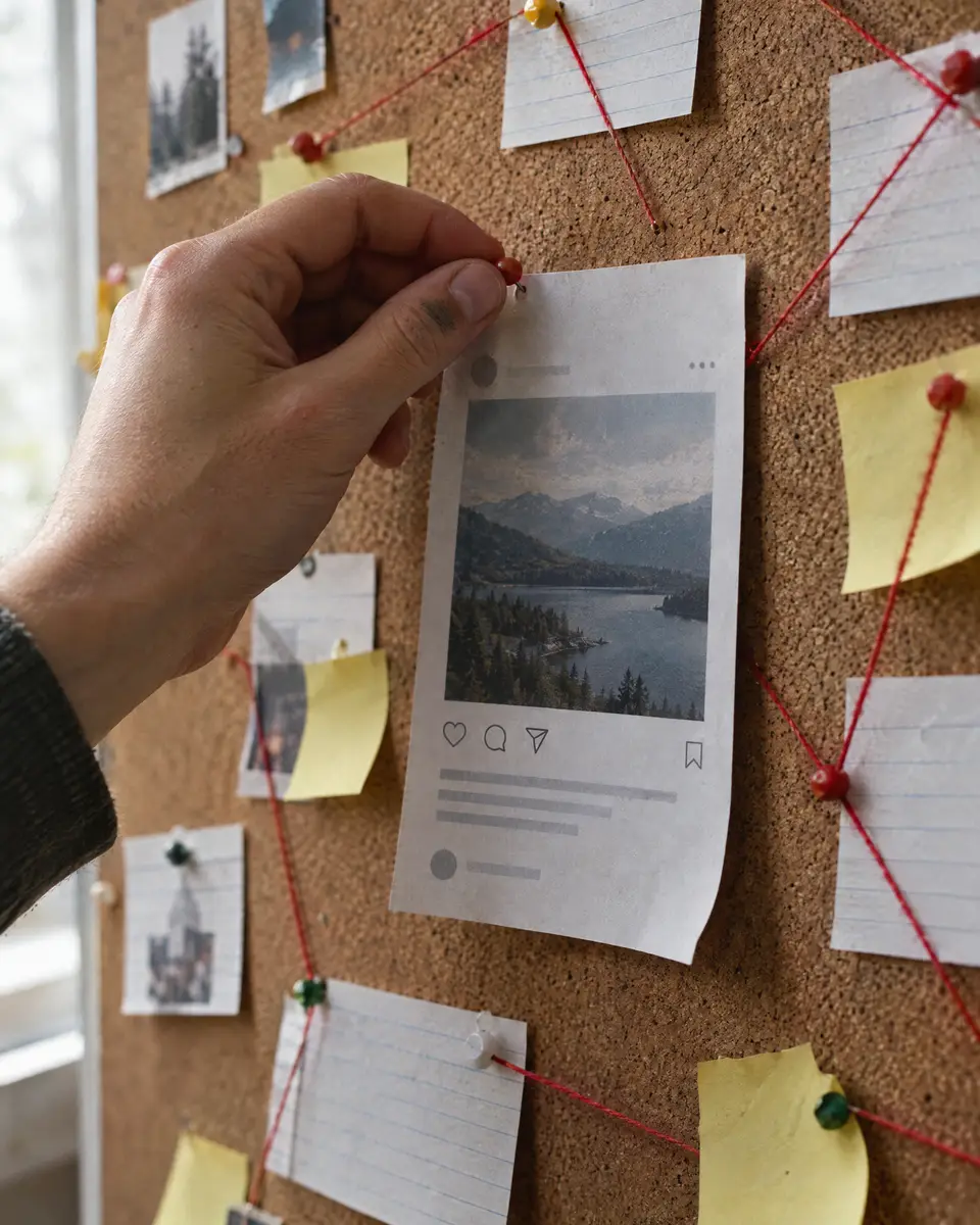 A hand pinning a social post mockup onto a cork board of connected ideas