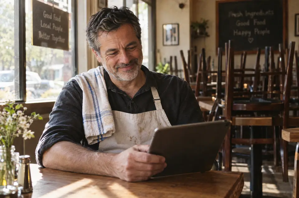 A restaurant owner reading customer reviews on a tablet after lunch service