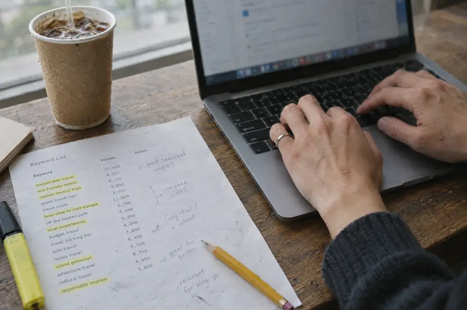 Hands typing on a laptop beside a highlighted keyword research printout
