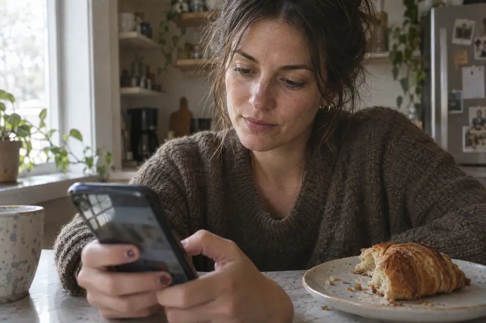 A woman scrolling a social media feed on her phone at a kitchen counter in morning light