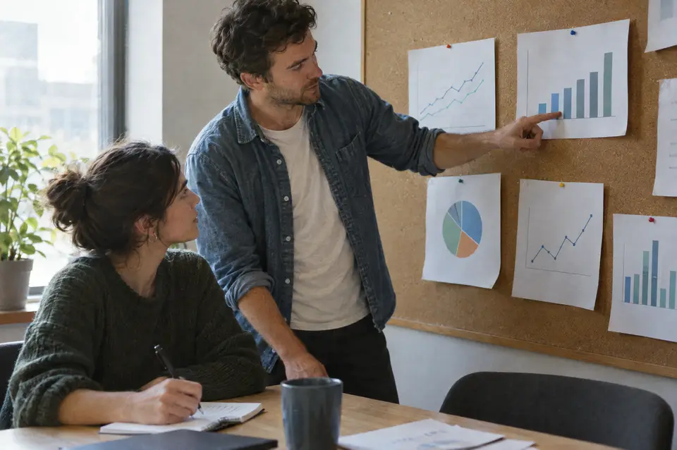 A strategist pointing at printed charts on a cork wall while a colleague takes notes