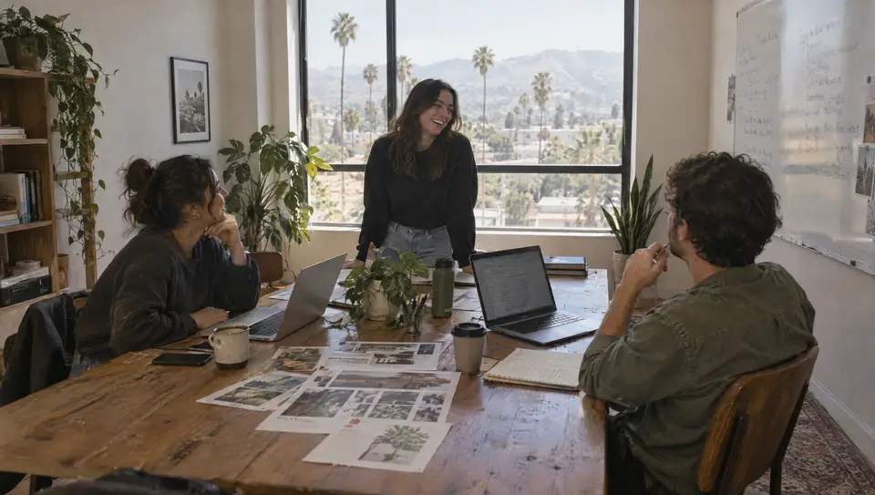 The Global Minds team working around a long wooden table in a Glendale studio with palm trees outside