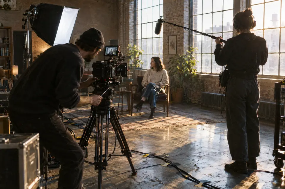 A small crew filming with a cinema camera and boom microphone in a sunlit loft