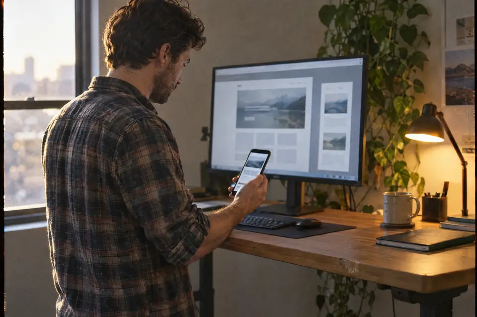 A web designer comparing a desktop website layout with its mobile version